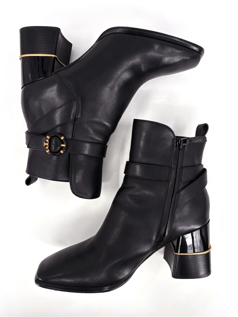 TORY BURCH Logo Buckle Square-Toe Ankle Boots in Black Leather 10 - Picture 8 of 14